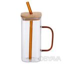 Чашка стеклянная 400 мл с бамбуковой крышкой и золотистой трубочкой