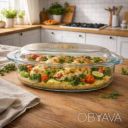 Противень овальный форма из жаропрочного стекла для запекания с крышкой и